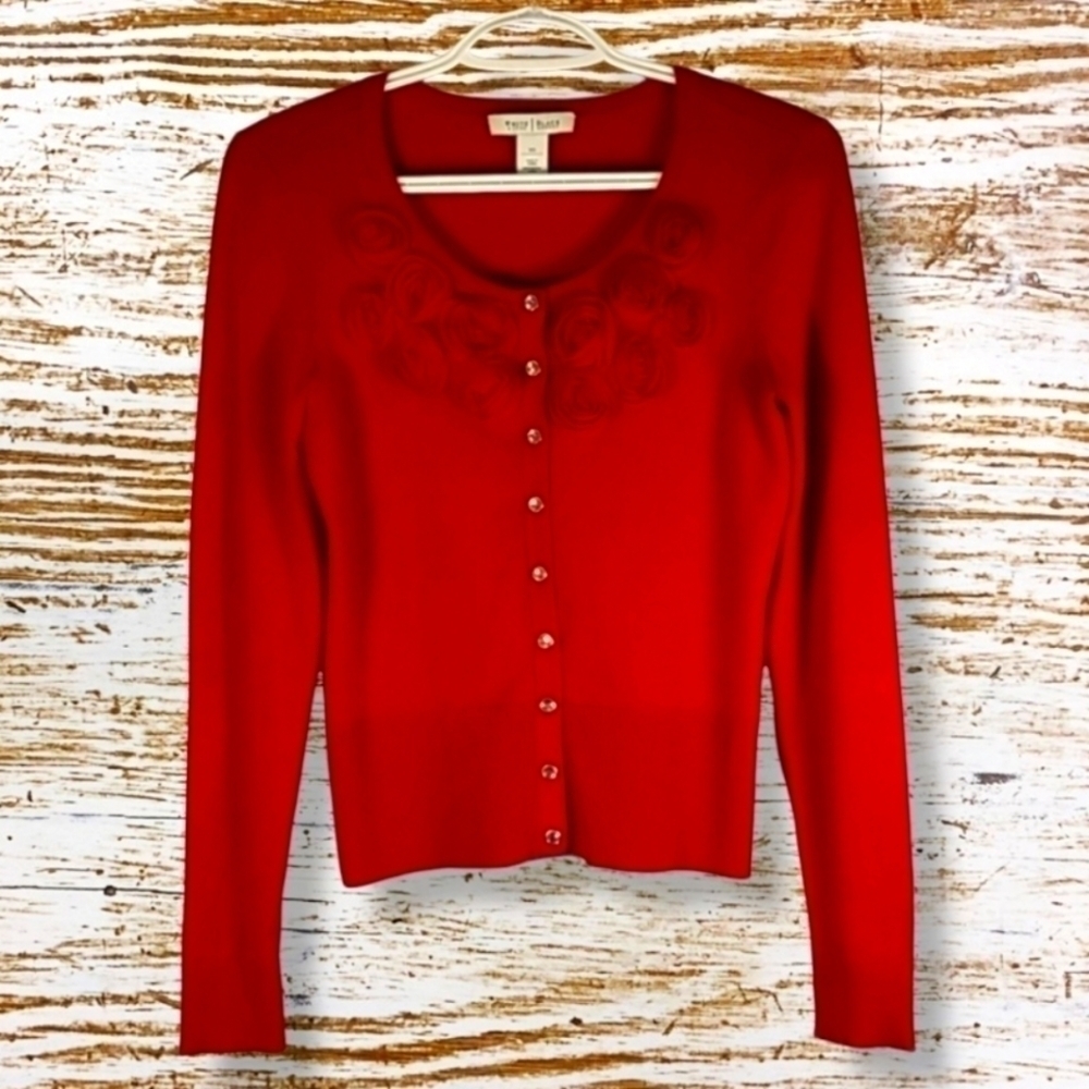 White House Black Market Women's Top Size XS Red Knit Roses